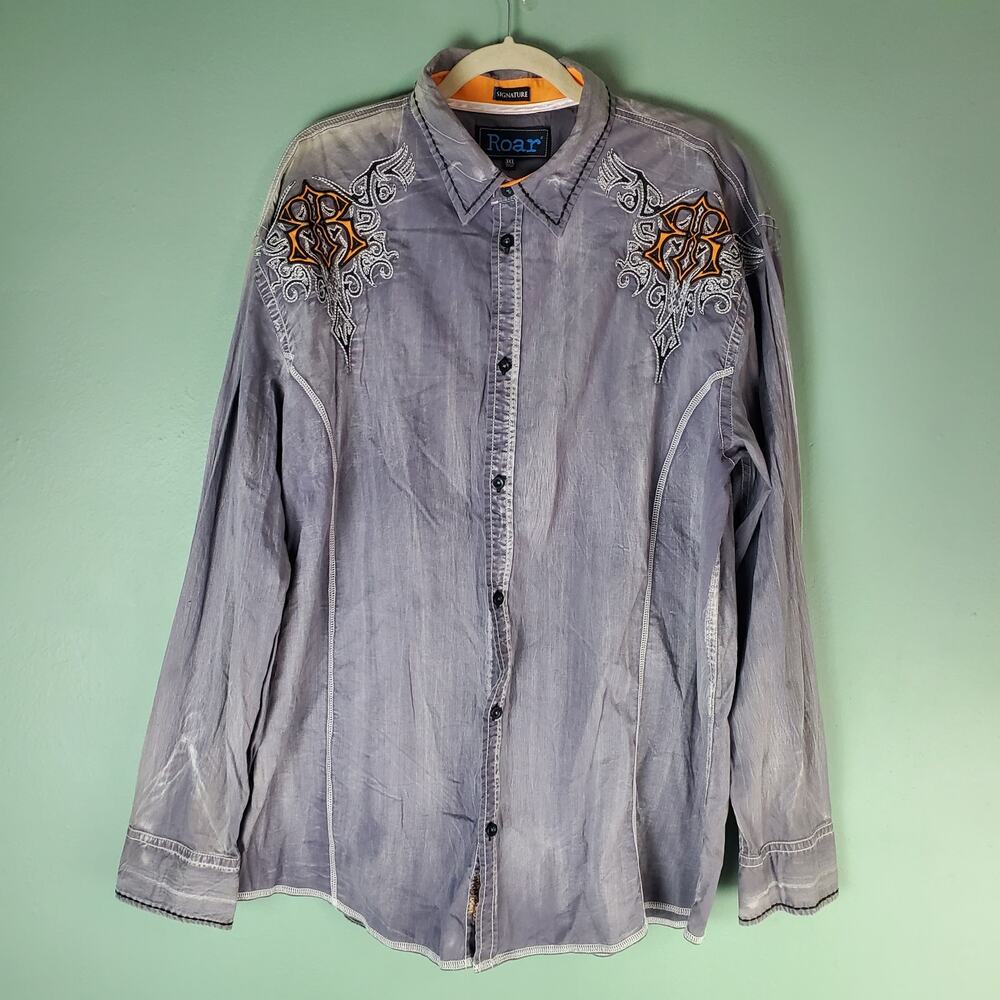 Roar Mens Charcoal Gray Egypt Embroidered Signature Long Sleeve Shirt Size 3XL